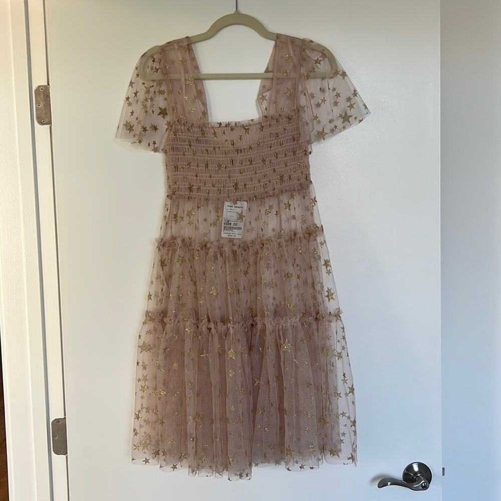 NWT Free People Gold and Nude Star Print Event Birthday Mesh Dress